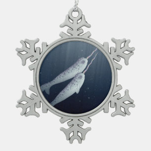 Cute Narwhals Swimming Together Underwater Snowflake Pewter Christmas Ornament