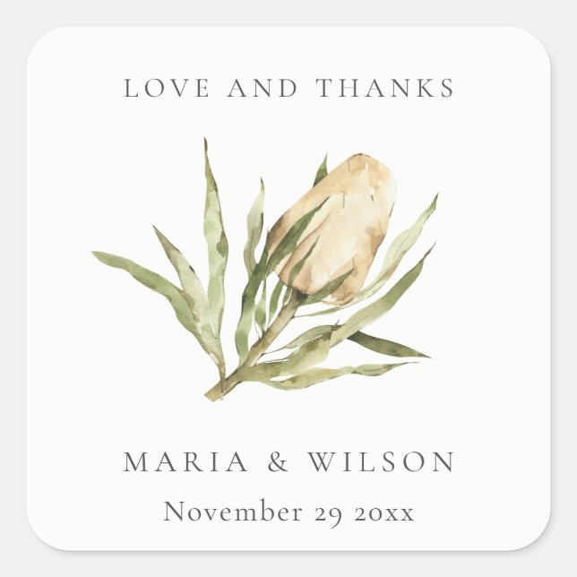 Cute Native Banksia Watercolor Floral Wedding Square Sticker (Front)