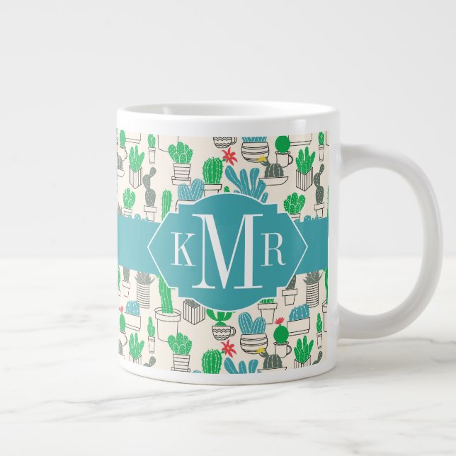 Cute Natural Floral Cacti Pattern Large Coffee Mug (Right)