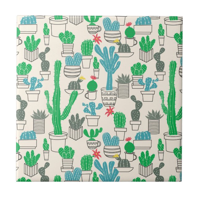 Cute Natural Floral Cacti Pattern Tile (Front)