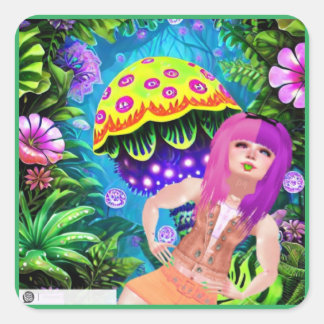 Cute Nature girl with mushrooms and flowers art Square Sticker
