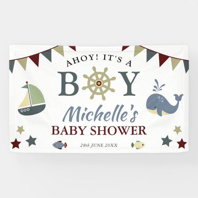 Cute Nautical Ahoy! Its a Boy Baby Shower Banner (Horizontal)