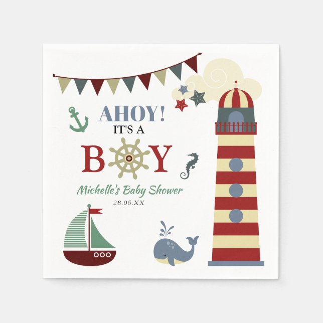 Cute Nautical Ahoy! Its a Boy Baby Shower Napkins (Front)