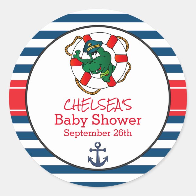 Cute Nautical Alligator Baby Shower Theme Classic Round Sticker (Front)