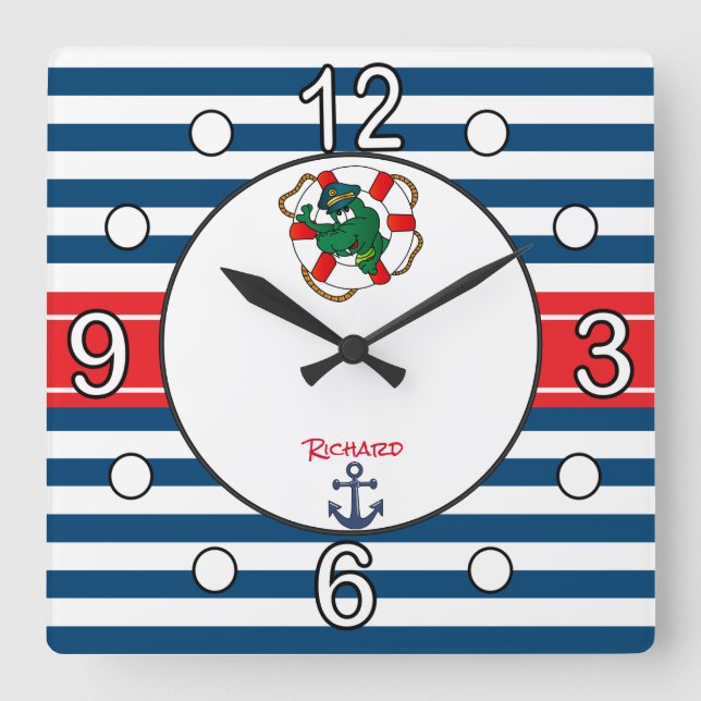 Cute Nautical Alligator Nursery Theme Square Wall Clock (Front)