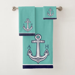Cute Nautical Anchor BathroomTeal Navy Blue White Bath Towel Set
