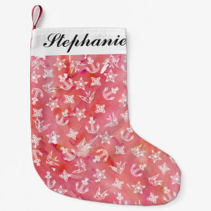 Cute Nautical Anchor Pattern on Pink Watercolor Small Christmas Stocking