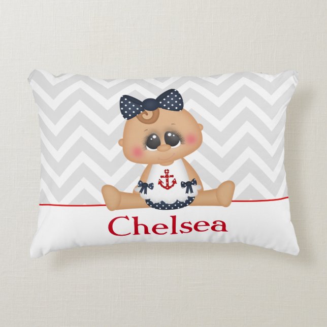 Cute Nautical Baby Girl with Monogram Decorative Pillow (Front)