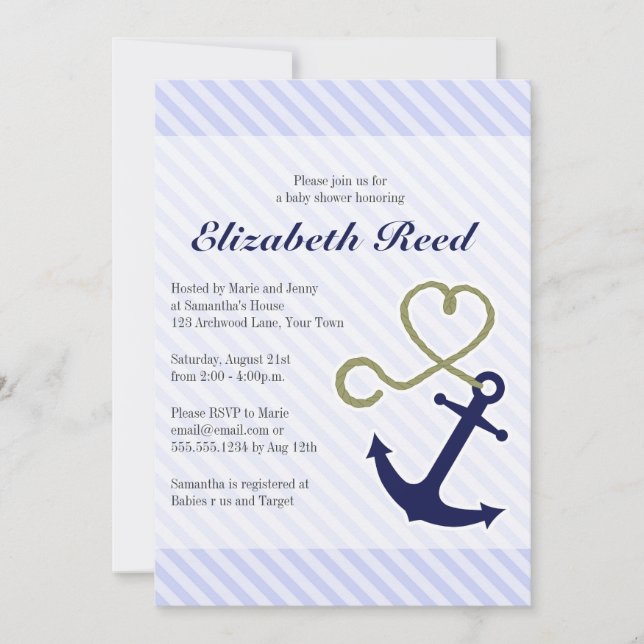 Cute Nautical Baby Shower Anchor with Heart Rope Invitation (Front)