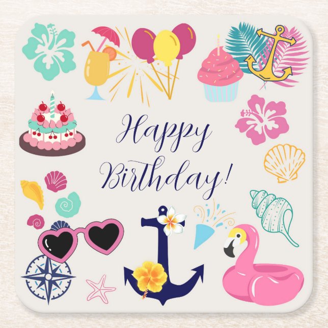 Cute Nautical Birthday Square Paper Coaster (Front)