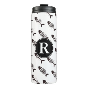 Cute Nautical Black Fish Bones Monogram Thermal Tumbler