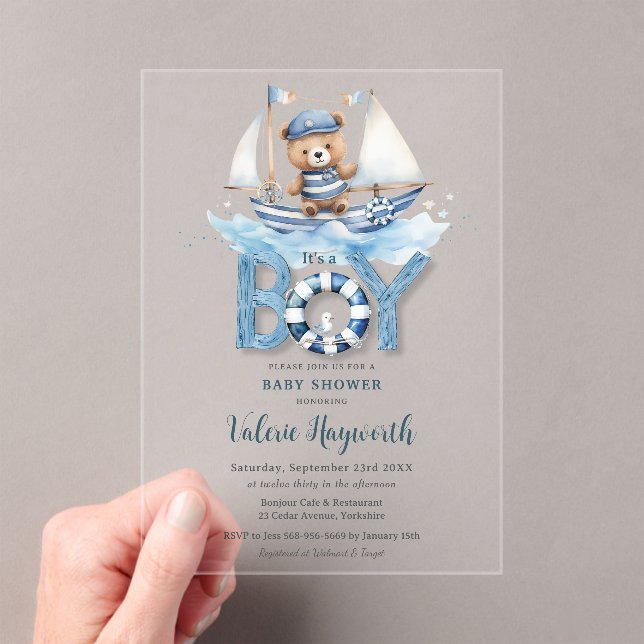 Cute Nautical Blue Boat Teddy Bear Boy Baby Shower Acrylic Invitations (Insitu (Handheld))