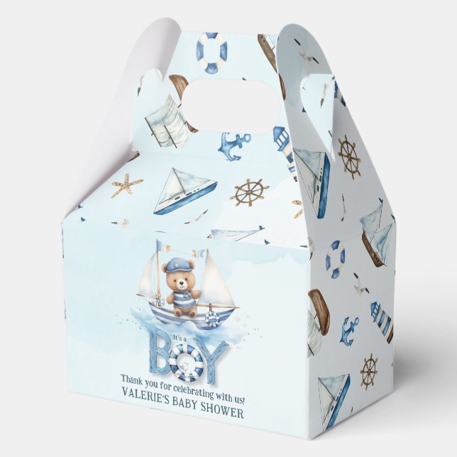 Cute Nautical Blue Boat Teddy Bear Boy Baby Shower Favor Box (Back)