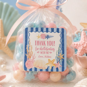 Cute Nautical Blue Pink Seashell Thank You Square Sticker