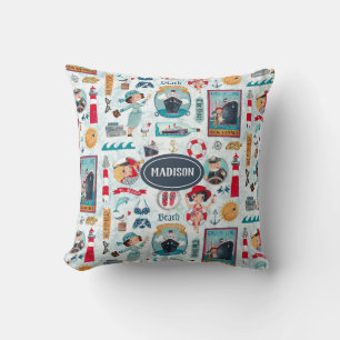 Cute Nautical blue red ocean girly pattern Throw Pillow