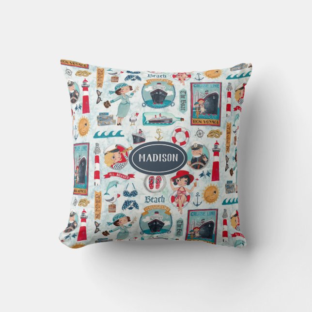 Cute Nautical blue red ocean girly pattern Throw Pillow (Front)