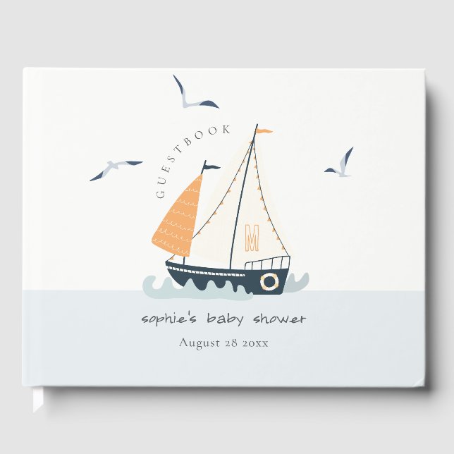 Cute Nautical Blue Sailboat Pastel Baby Shower Guest Book (Front)