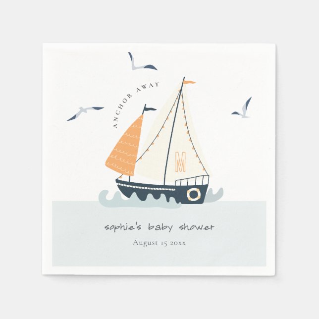 Cute Nautical Blue Sailboat Pastel Baby Shower Napkin (Front)