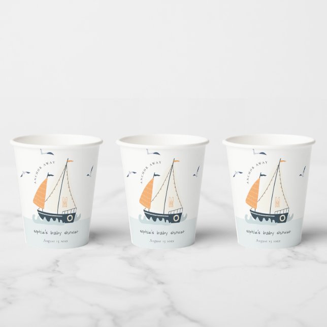 Cute Nautical Blue Sailboat Pastel Baby Shower Paper Cups (Multi)