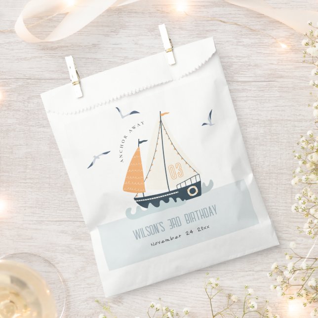 Cute Nautical Blue Sailboat Pastel Kids Birthday Favour Bag (Clipped)