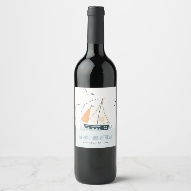 Cute Nautical Blue Sailboat Pastel Kids Birthday Wine Label (Front)