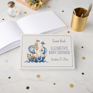 Cute Nautical Blue Sailing Ship Baby Shower Guest Book
