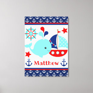 Cute Nautical Blue Whale and Anchors Pattern Canvas Print