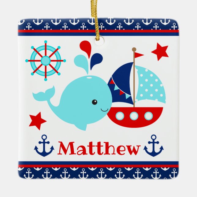 Cute Nautical Blue Whale and Anchors Pattern Ceramic Ornament (Front)