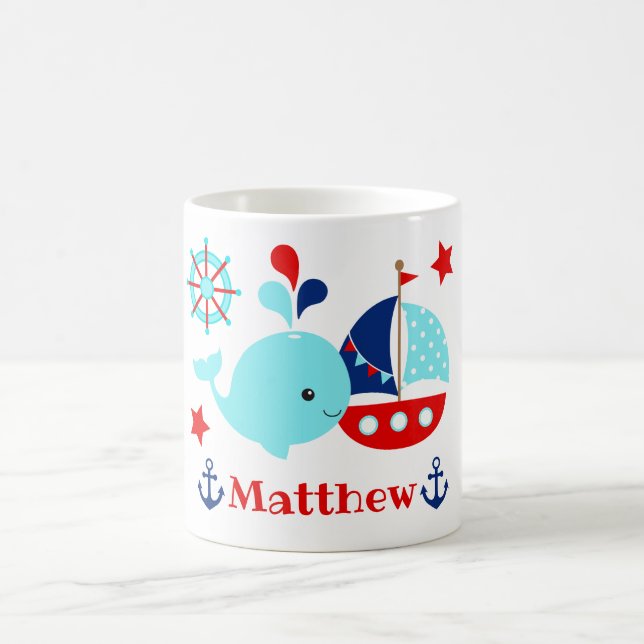 Cute Nautical Blue Whale and Anchors Pattern Coffee Mug (Center)