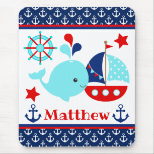 Cute Nautical Blue Whale and Anchors Pattern Mouse Pad