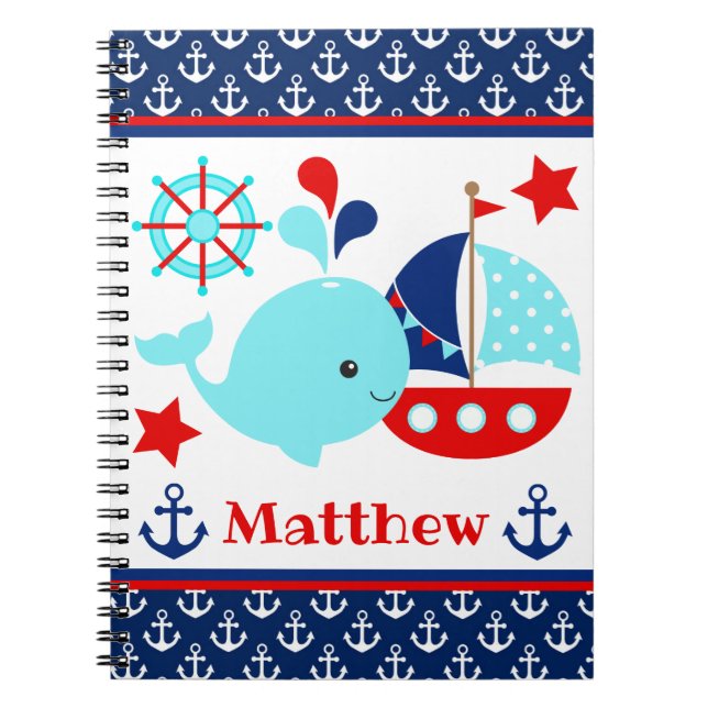 Cute Nautical Blue Whale and Anchors Pattern Notebook (Front)