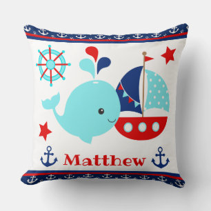 Cute Nautical Blue Whale and Anchors Pattern Throw Pillow
