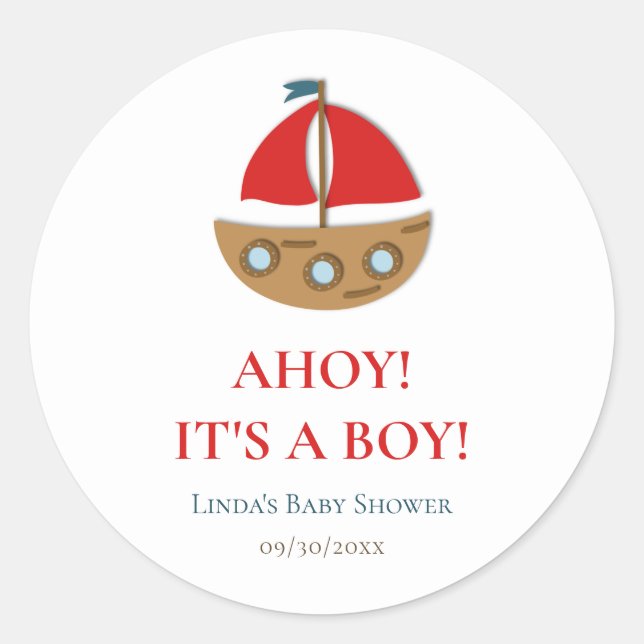 Cute Nautical Boy Baby Shower Square  Classic Round Sticker (Front)