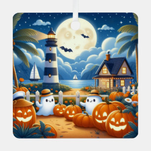 Cute, Nautical/coastal Halloween ghost/pumpkins Metal Ornament