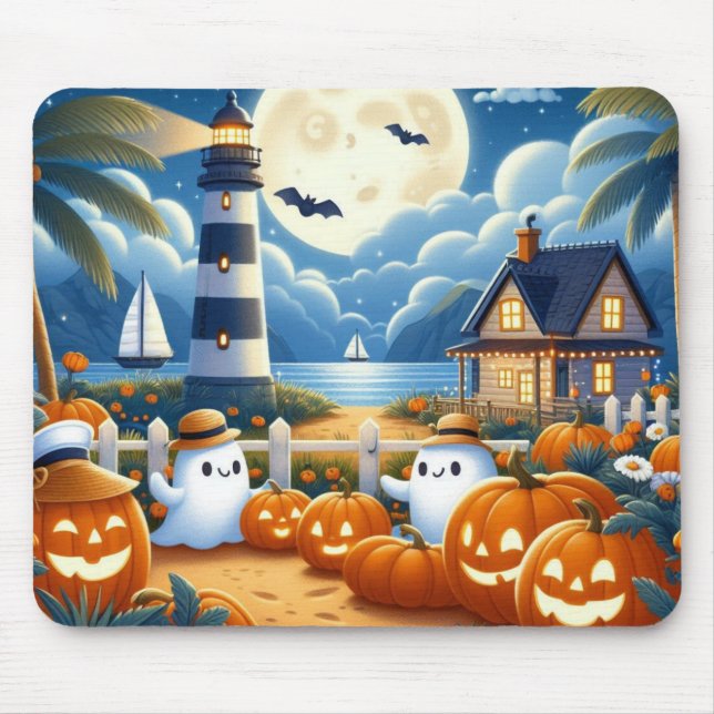 Cute, Nautical/coastal Halloween ghost/pumpkins Mouse Pad (Front)