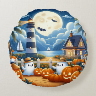 Cute, Nautical/coastal Halloween ghost/pumpkins Round Pillow