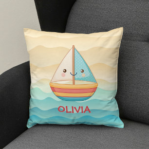 Cute Nautical Colourful Sailboat Throw Pillow