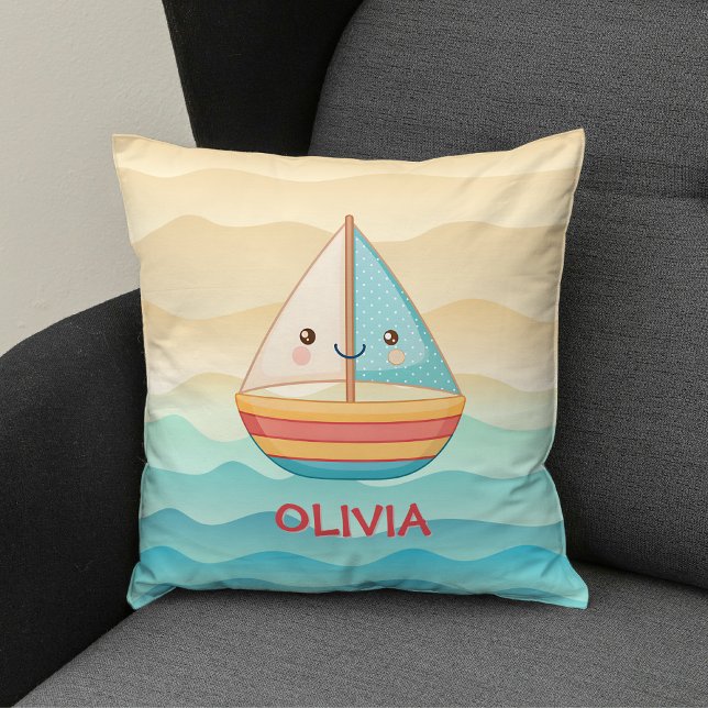 Cute Nautical Colourful Sailboat Throw Pillow (Creator Uploaded)