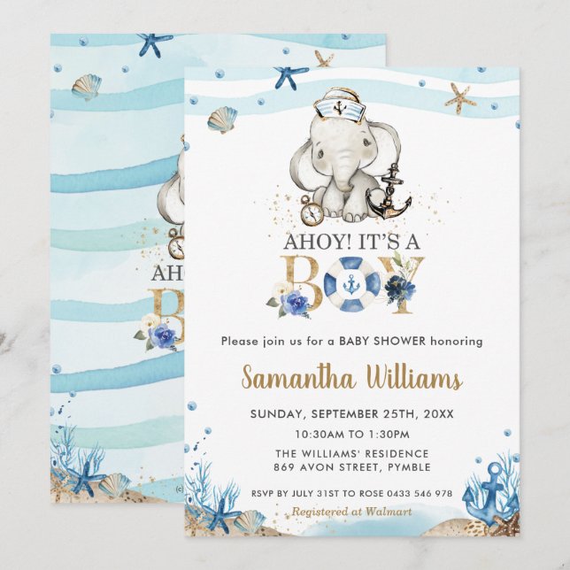 Cute Nautical Elephant Ahoy It's a Boy Baby Shower Invitation (Front/Back)