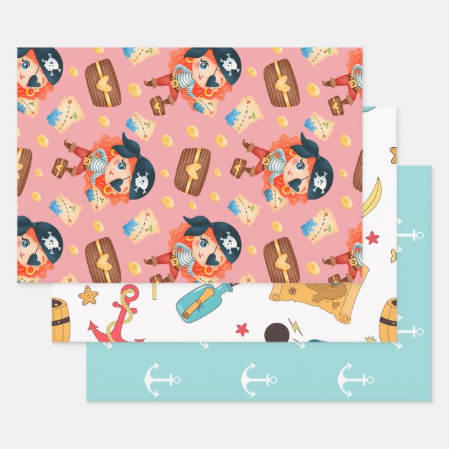 Cute Nautical Girl Pirate Wrapping Paper Sheet (Set)