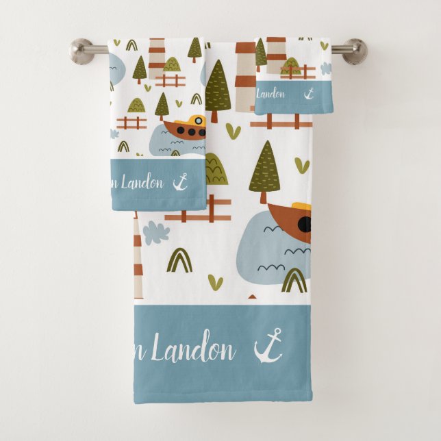 Cute Nautical Lighthouse and Boat Kid Motif (En situation)