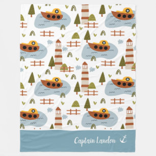 Cute Nautical Lighthouse and Boat Kid Pattern Fleece Blanket