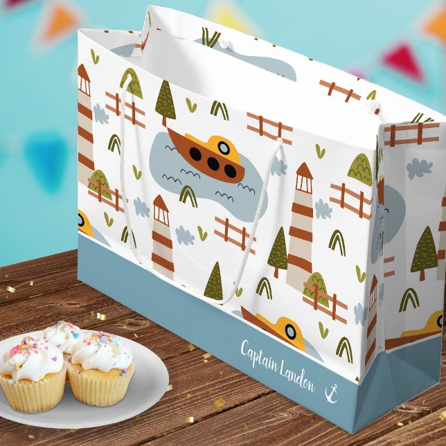 Cute Nautical Lighthouse and Boat Kid Pattern Large Gift Bag (Creator Uploaded)