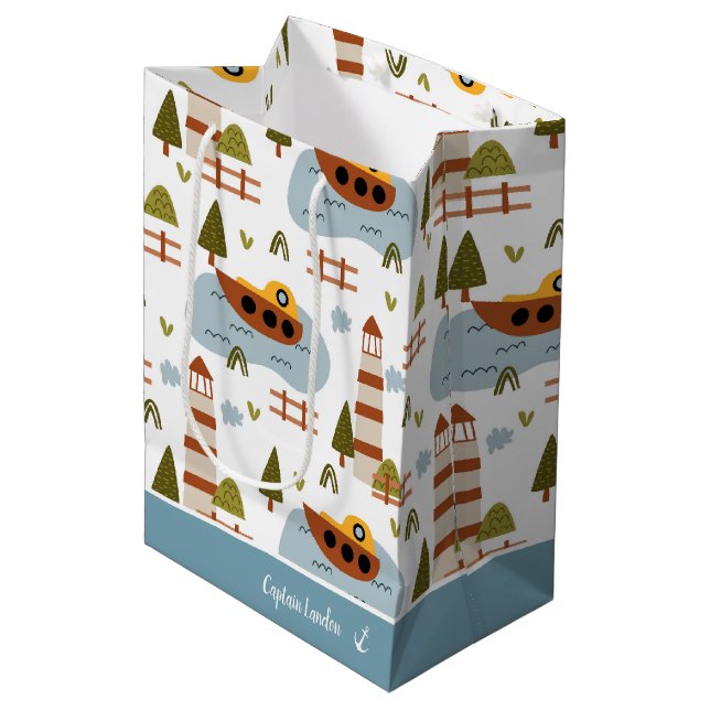 Cute Nautical Lighthouse and Boat Kid Pattern Medium Gift Bag (Front Angled)