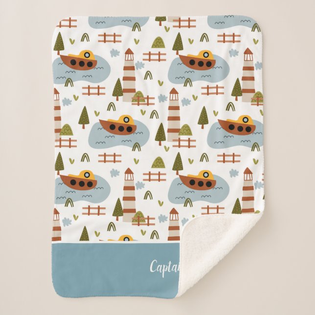 Cute Nautical Lighthouse and Boat Kid Pattern Sherpa Blanket (Front)