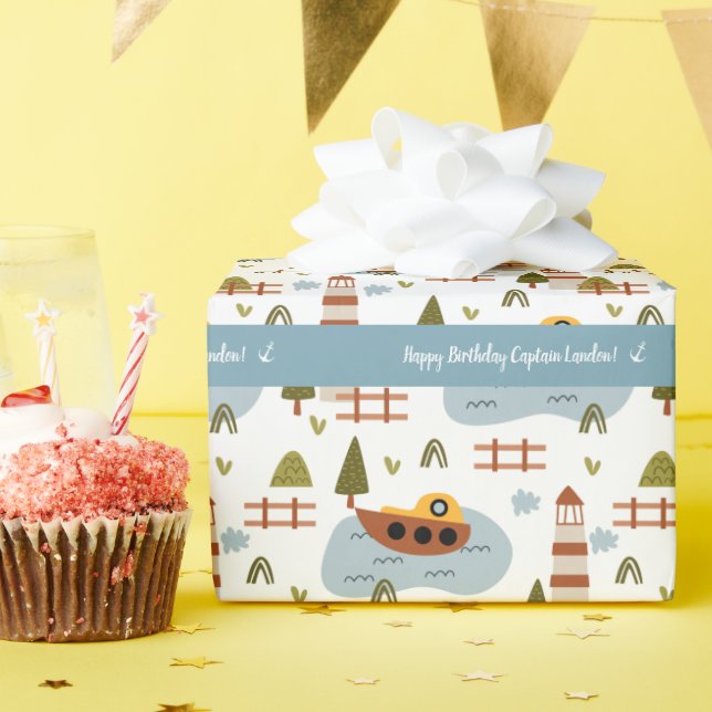Cute Nautical Lighthouse and Boat Kid Pattern Wrapping Paper (Birthday Party)