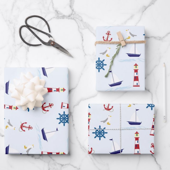 Cute Nautical Lighthouse Ship and Sea Gull Blue Wr Wrapping Paper Sheet (Front)