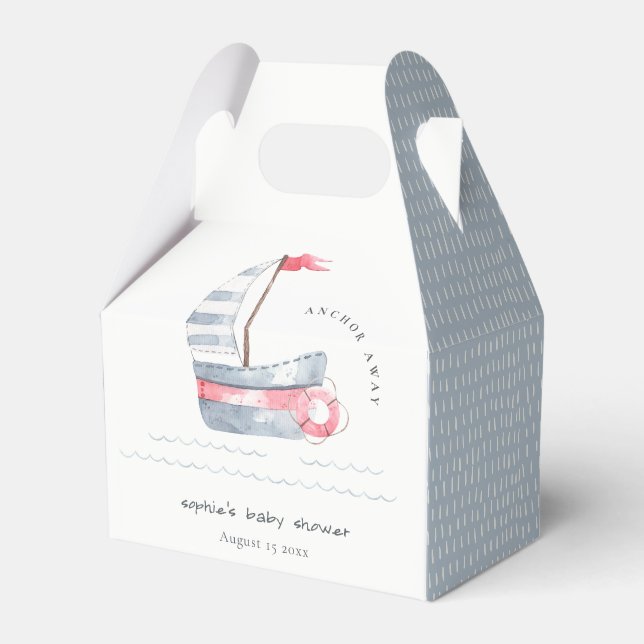 Cute Nautical Pastel Red Blue Sailboat Baby Shower Favor Box (Front Side)