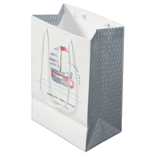 Cute Nautical Pastel Red Blue Sailboat Baby Shower Medium Gift Bag (Front Angled)