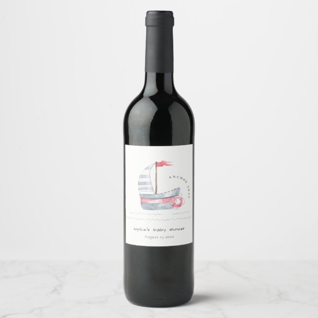Cute Nautical Pastel Red Blue Sailboat Baby Shower Wine Label (Front)